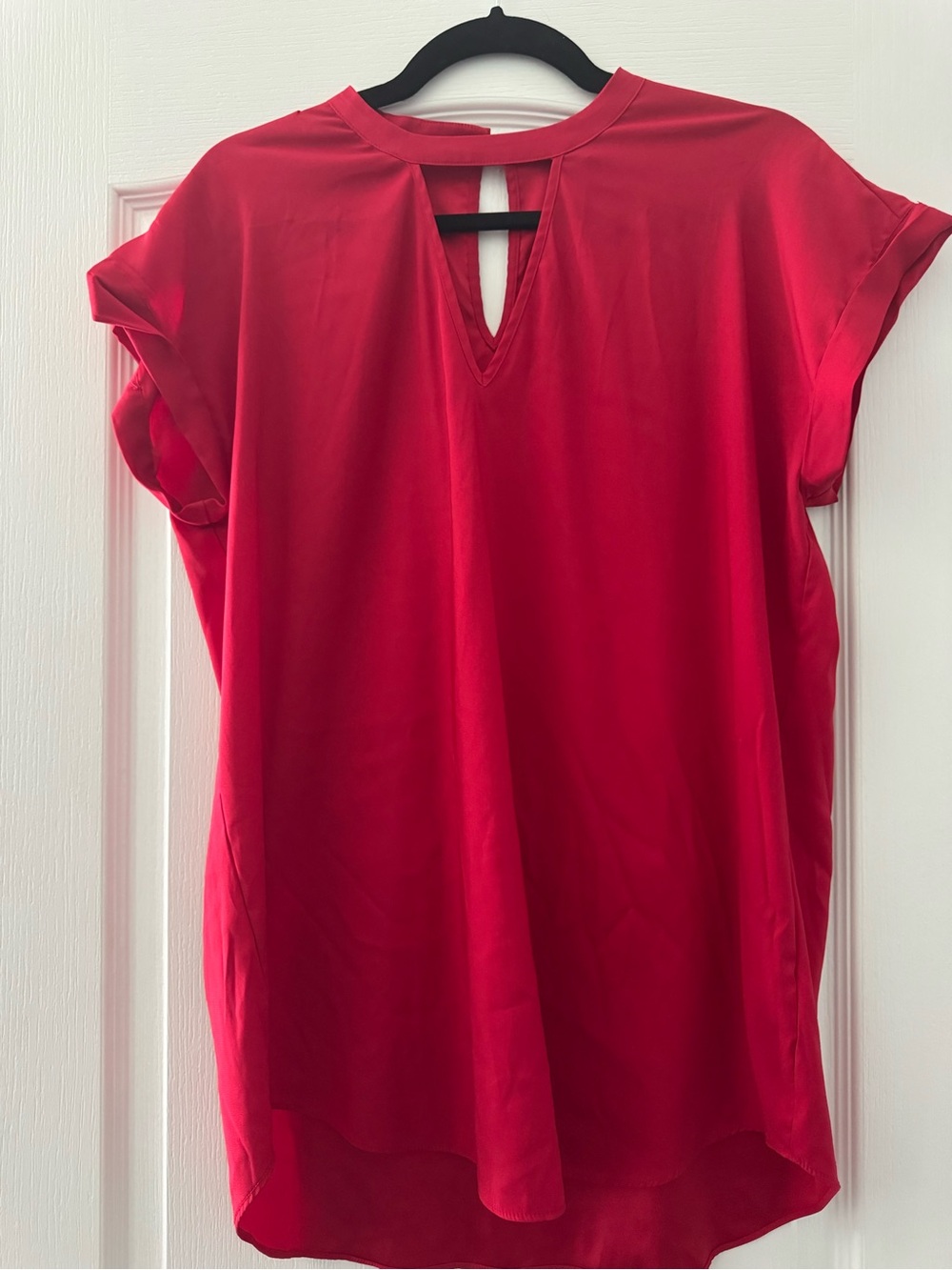 Express Vibrant Red Keyhole Cap-Sleeve Blouse